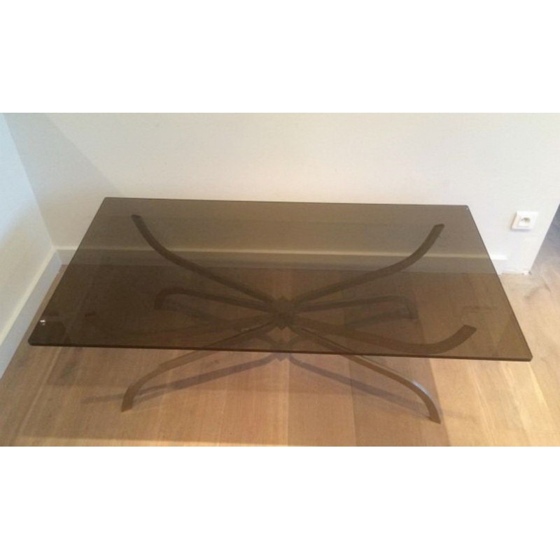 Coffee Table in Brushed Steel with Smoked Glass Top by Maison Charles. Circa 1960
