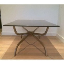 Coffee Table in Brushed Steel with Smoked Glass Top by Maison Charles. Circa 1960