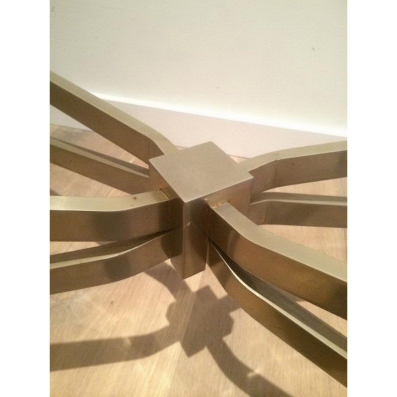 Coffee Table in Brushed Steel with Smoked Glass Top by Maison Charles. Circa 1960