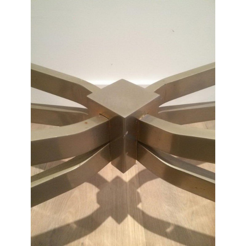 Coffee Table in Brushed Steel with Smoked Glass Top by Maison Charles. Circa 1960