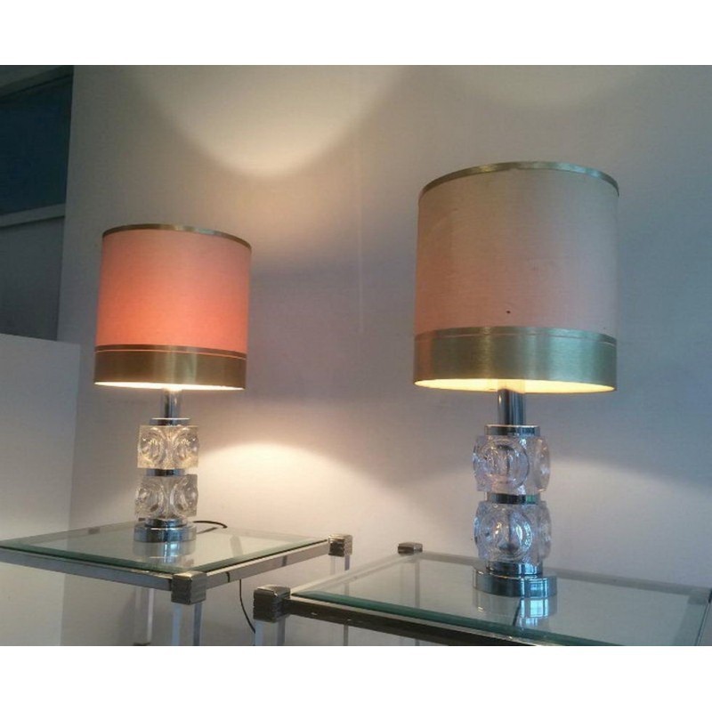 Pair of Glass and Chrome Lamps. Circa 1970