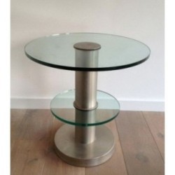 Brushed Metal Pedestal Table with Glass Slabs. Circa 1960