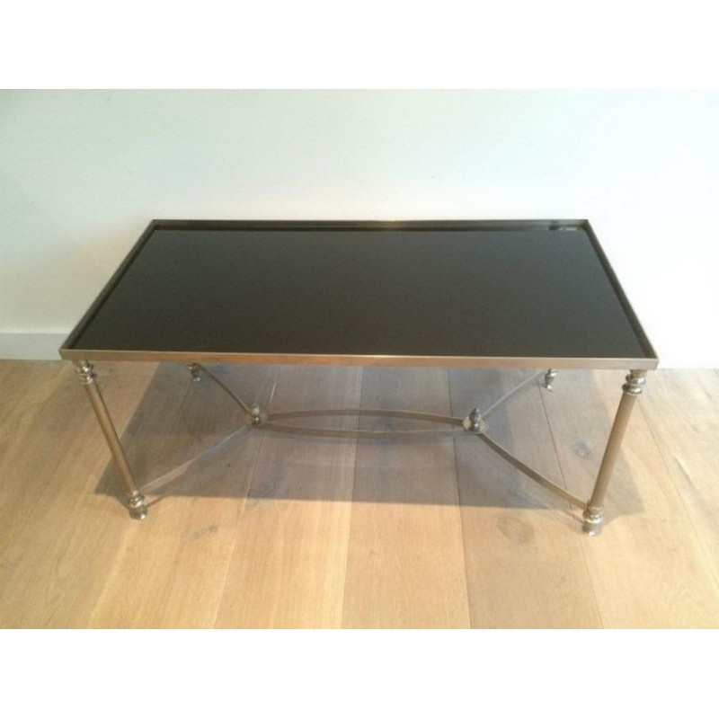 Silvered Coffee Table with Black Lacquered Glass in the Style of Maison Jansen. Circa 1940