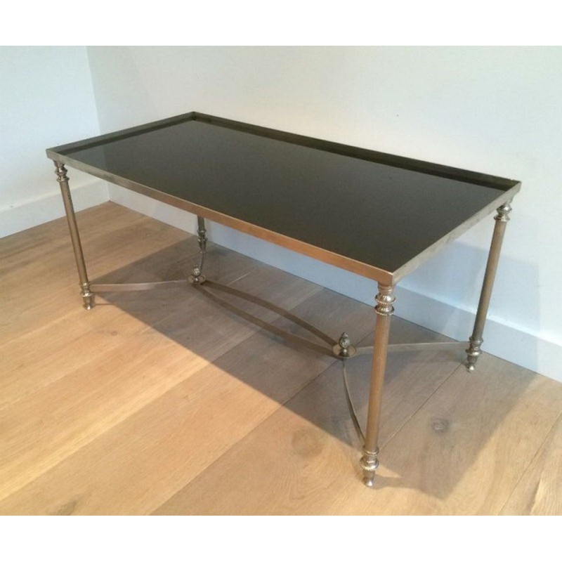 Silvered Coffee Table with Black Lacquered Glass in the Style of Maison Jansen. Circa 1940