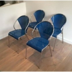 Set of 4 Chromed Chairs with Perforated Blue Lacquered Metal Seats. Circa 1980