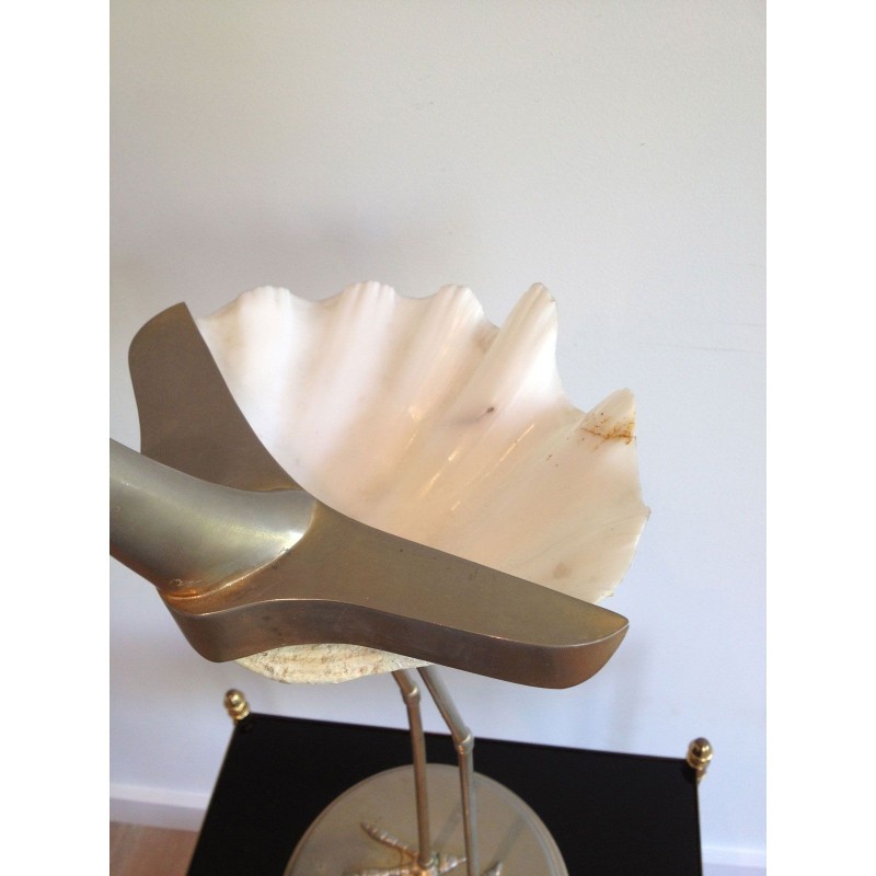 Stylized Metal and Shell Bird Sculpture. Circa 1960