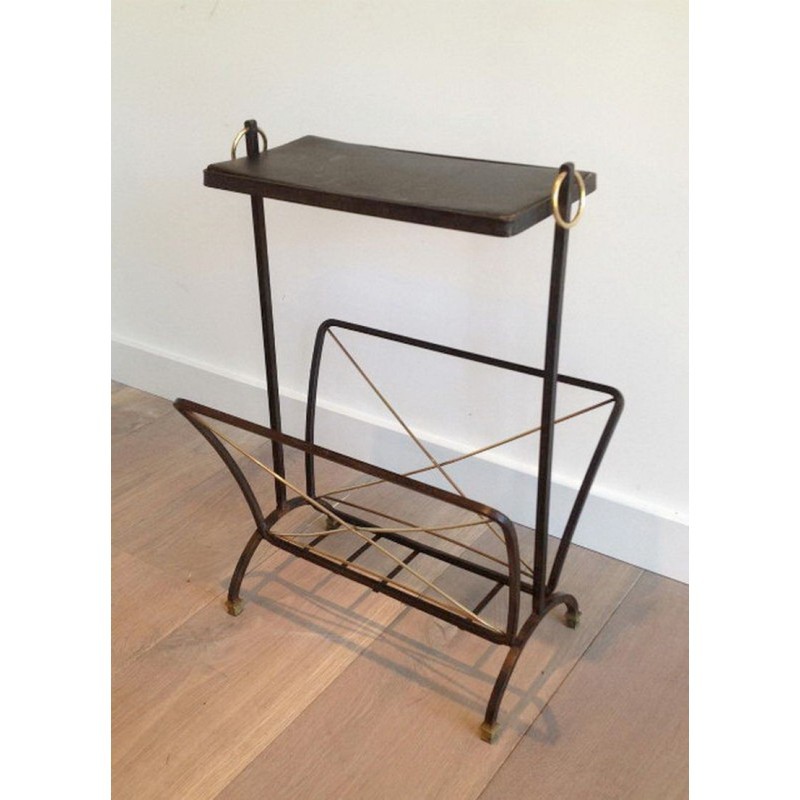 Black Lacquered Metal and Brass Magazine Holder in the Style of Jacques Adnet. Circa 1950