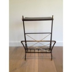 Black Lacquered Metal and Brass Magazine Holder in the Style of Jacques Adnet. Circa 1950