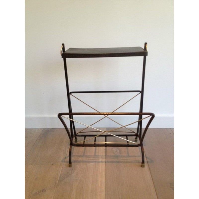 Black Lacquered Metal and Brass Magazine Holder in the Style of Jacques Adnet. Circa 1950