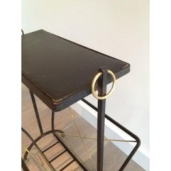 Black Lacquered Metal and Brass Magazine Holder in the Style of Jacques Adnet. Circa 1950