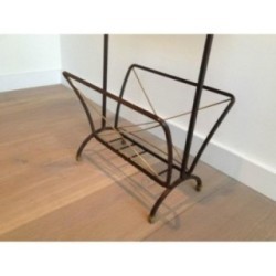 Black Lacquered Metal and Brass Magazine Holder in the Style of Jacques Adnet. Circa 1950