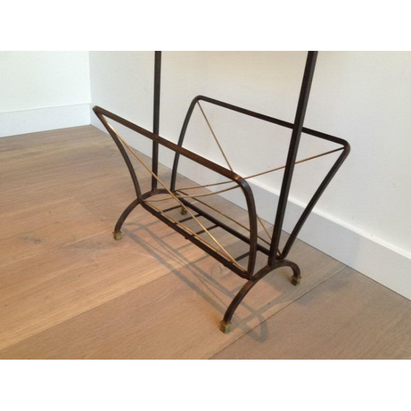 Black Lacquered Metal and Brass Magazine Holder in the Style of Jacques Adnet. Circa 1950
