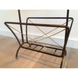 Black Lacquered Metal and Brass Magazine Holder in the Style of Jacques Adnet. Circa 1950