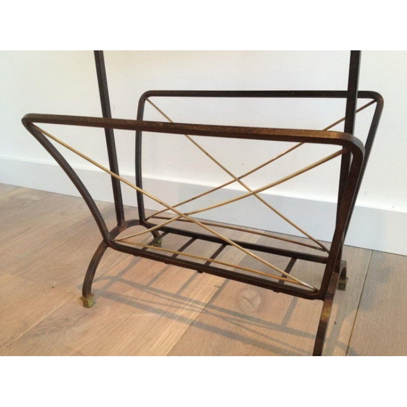 Black Lacquered Metal and Brass Magazine Holder in the Style of Jacques Adnet. Circa 1950