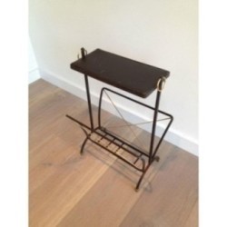 Black Lacquered Metal and Brass Magazine Holder in the Style of Jacques Adnet. Circa 1950