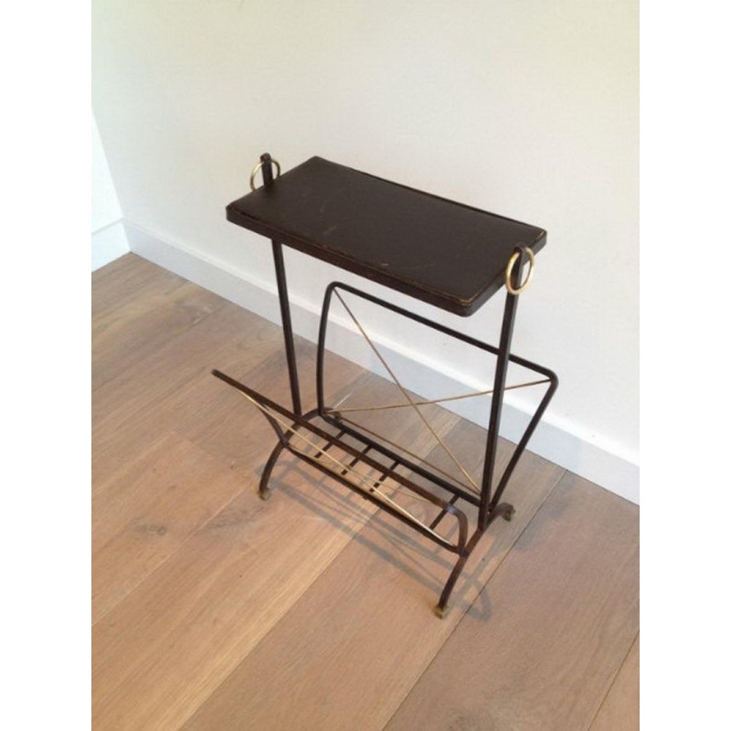 Black Lacquered Metal and Brass Magazine Holder in the Style of Jacques Adnet. Circa 1950