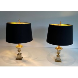Pair of Palm Tree Lamps in Chrome and Brass, Maison Charles Style, circa 1970