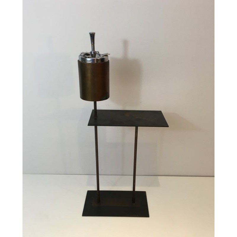 Modernist Floor Ashtray in Black Lacquered Metal and Brass. Circa 1950
