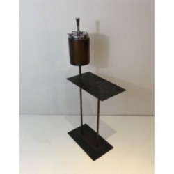 Modernist Floor Ashtray in Black Lacquered Metal and Brass. Circa 1950