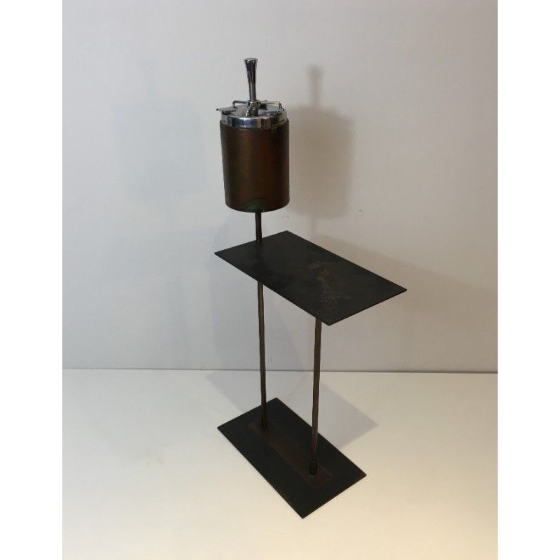 Modernist Floor Ashtray in Black Lacquered Metal and Brass. Circa 1950