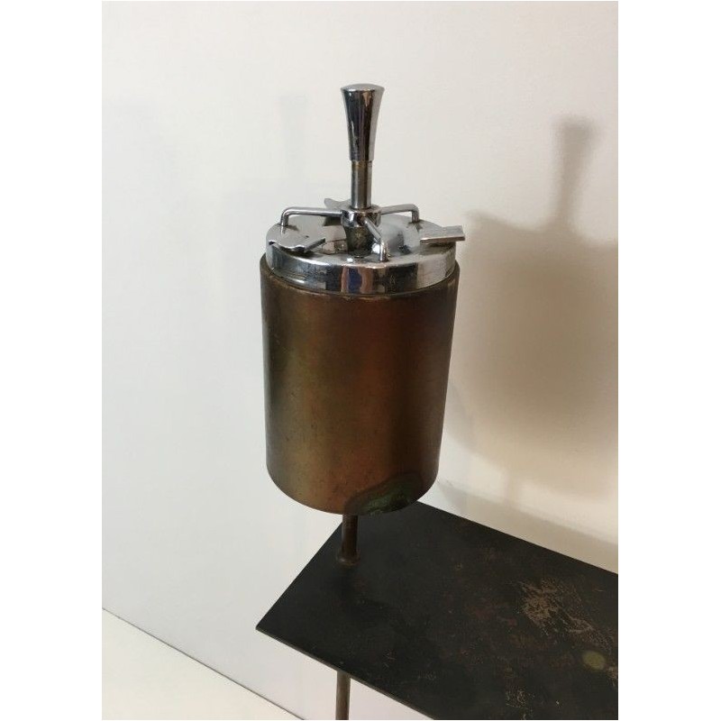 Modernist Floor Ashtray in Black Lacquered Metal and Brass. Circa 1950