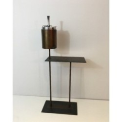 Modernist Floor Ashtray in Black Lacquered Metal and Brass. Circa 1950