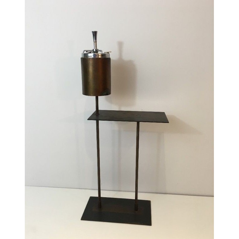 Modernist Floor Ashtray in Black Lacquered Metal and Brass. Circa 1950
