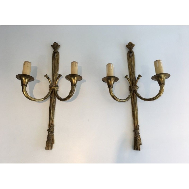 Large Pair of Louis XVI Style Bronze Wall Sconces with Bows and Ribbons Decor