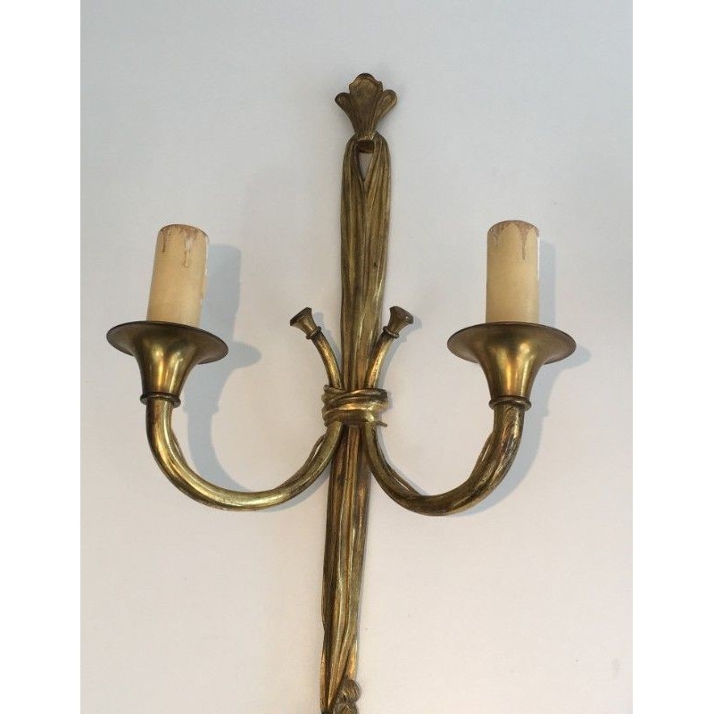 Large Pair of Louis XVI Style Bronze Wall Sconces with Bows and Ribbons Decor