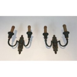 Interesting Pair of Bronze Wall Sconces with Green and Gilt Patina. Circa 1940