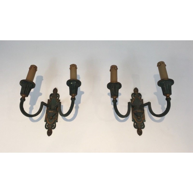 Interesting Pair of Bronze Wall Sconces with Green and Gilt Patina. Circa 1940