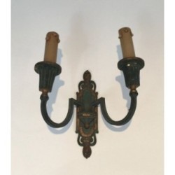 Interesting Pair of Bronze Wall Sconces with Green and Gilt Patina. Circa 1940
