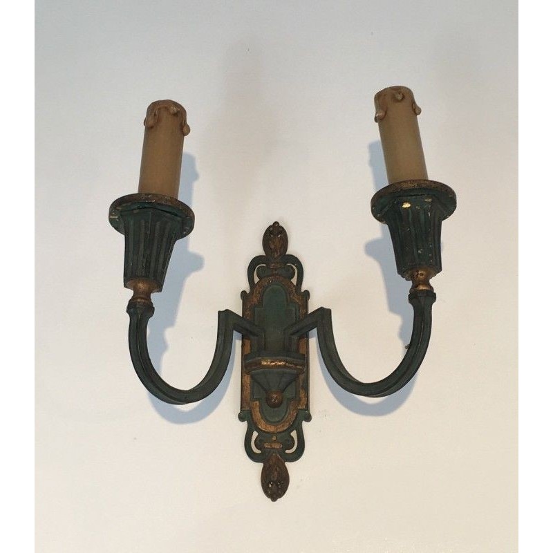 Interesting Pair of Bronze Wall Sconces with Green and Gilt Patina. Circa 1940