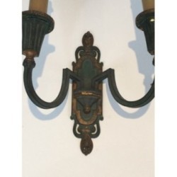 Interesting Pair of Bronze Wall Sconces with Green and Gilt Patina. Circa 1940