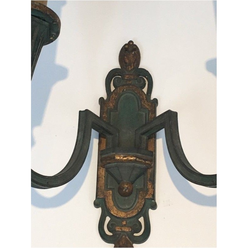 Interesting Pair of Bronze Wall Sconces with Green and Gilt Patina. Circa 1940
