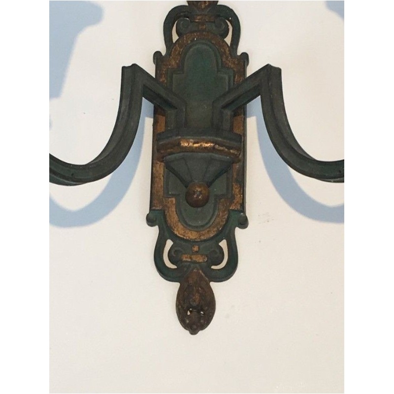 Interesting Pair of Bronze Wall Sconces with Green and Gilt Patina. Circa 1940