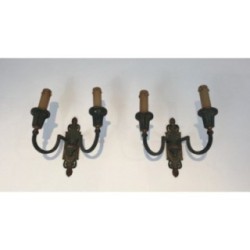 Interesting Pair of Bronze Wall Sconces with Green and Gilt Patina. Circa 1940