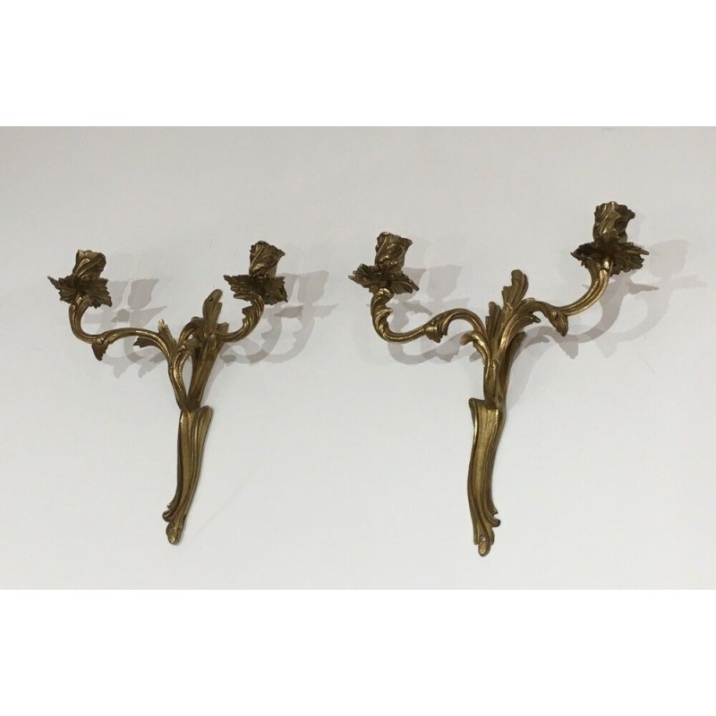 Pair of Bronze Wall Sconces in Louis XV Style, French Work, Circa 1950