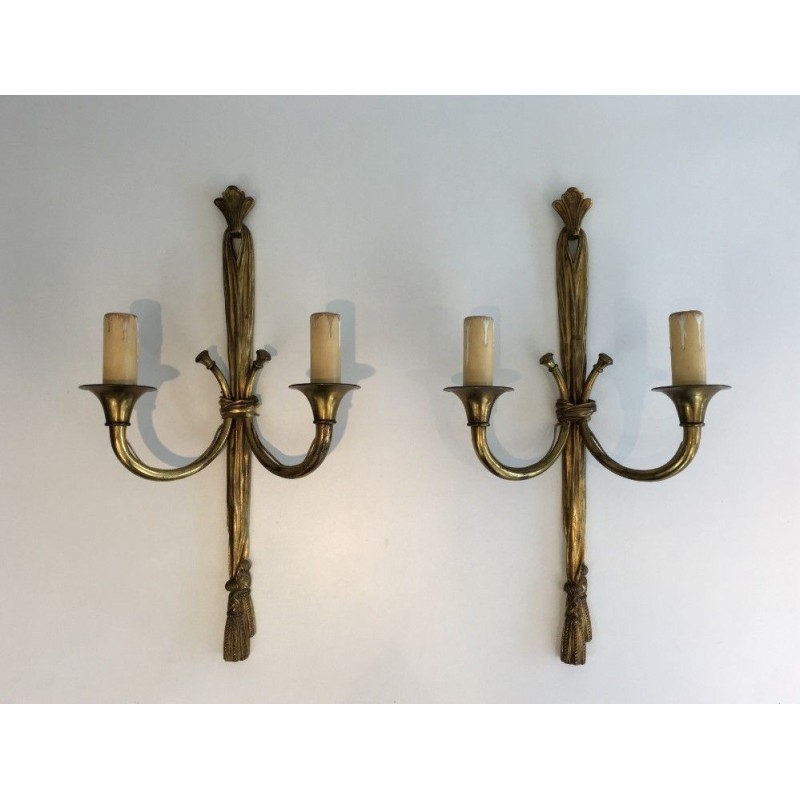Important Pair of Louis XVI-Style Bronze Wall Sconces with Bows and Ribbons. Circa 1950