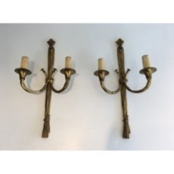 Important Pair of Louis XVI-Style Bronze Wall Sconces with Bows and Ribbons. Circa 1950