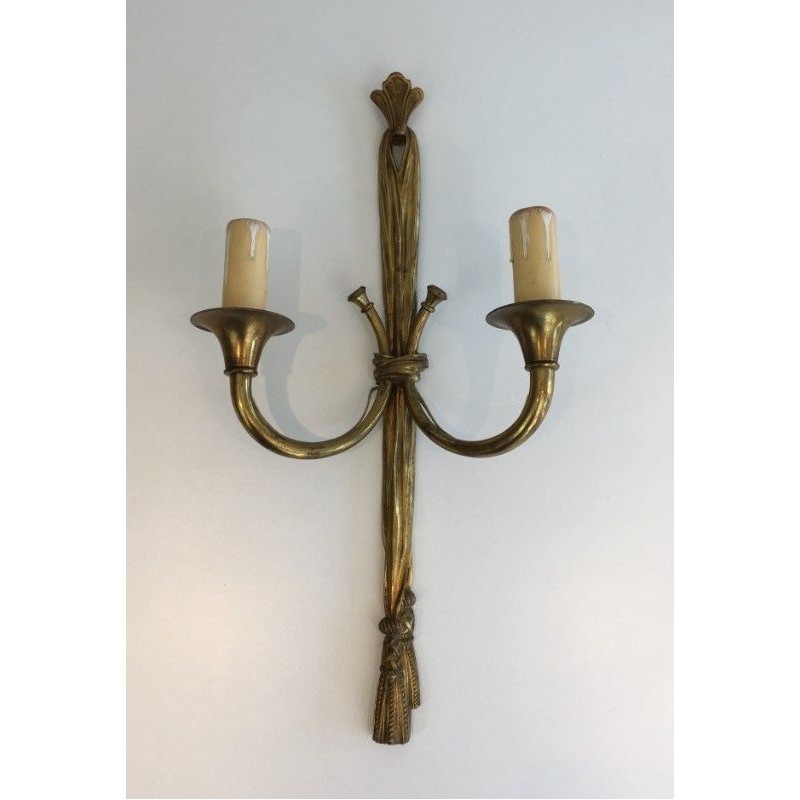 Important Pair of Louis XVI-Style Bronze Wall Sconces with Bows and Ribbons. Circa 1950