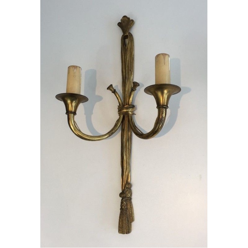 Important Pair of Louis XVI-Style Bronze Wall Sconces with Bows and Ribbons. Circa 1950