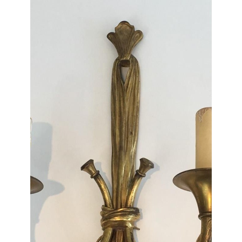 Important Pair of Louis XVI-Style Bronze Wall Sconces with Bows and Ribbons. Circa 1950