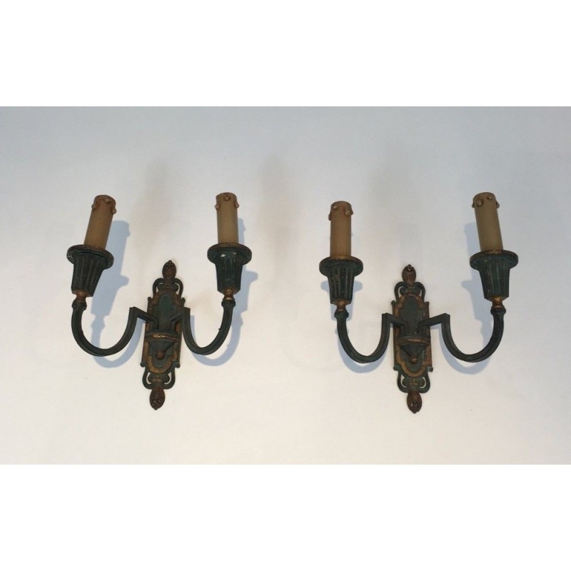 Pair of Bronze Wall Sconces with Green and Gilt Patina. Circa 1940