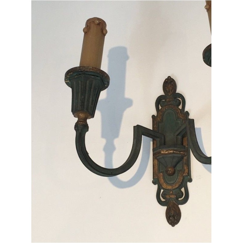 Pair of Bronze Wall Sconces with Green and Gilt Patina. Circa 1940