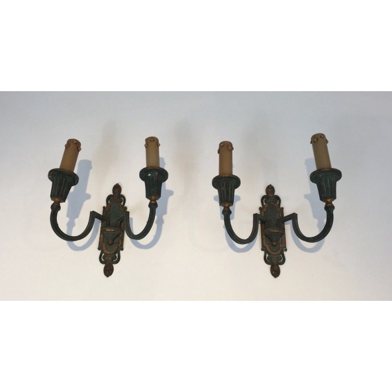 Pair of Bronze Wall Sconces with Green and Gilt Patina. Circa 1940