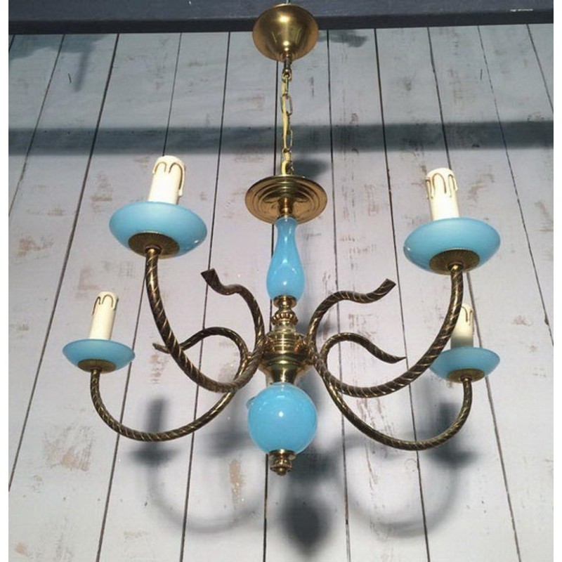 Small Blue Opaline and Brass Chandelier. Circa 1960