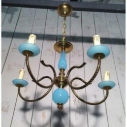 Small Blue Opaline and Brass Chandelier. Circa 1960