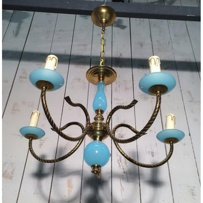 Small Blue Opaline and Brass Chandelier. Circa 1960