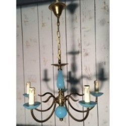Small Blue Opaline and Brass Chandelier. Circa 1960